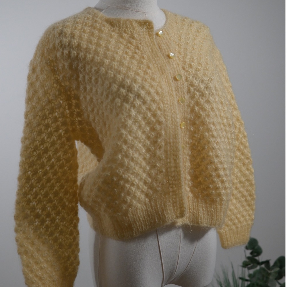 Vintage Handmade Yellow Mohair Waffle Knit Cardigan Cropped Fuzzy Sweater